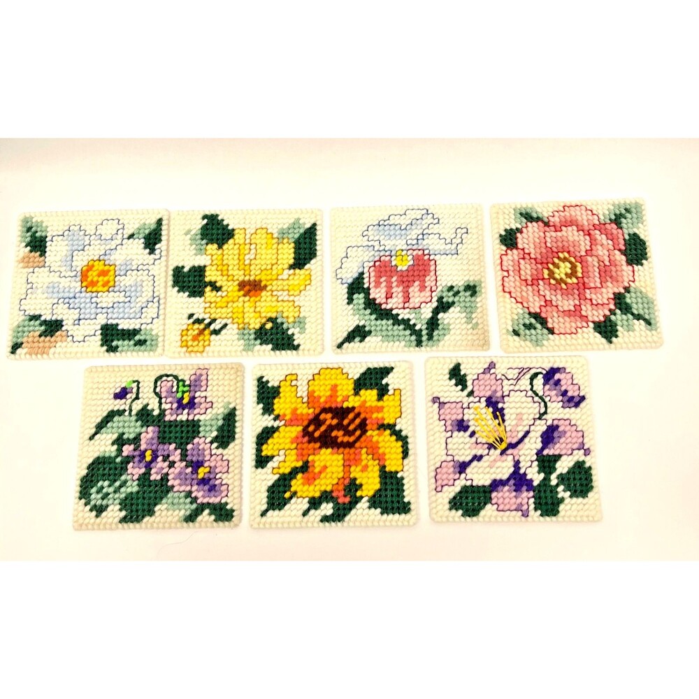 Vintage Handmade Needlepoint Floral Coasters Set of 7 w/ Yarn Covered Box 4in